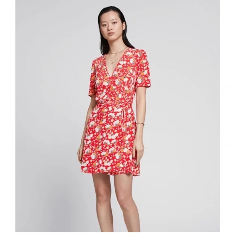 & Other Stories Floral Wrap Mini Dress Red Ruffle Tie Waist Paris Atelier Size 4